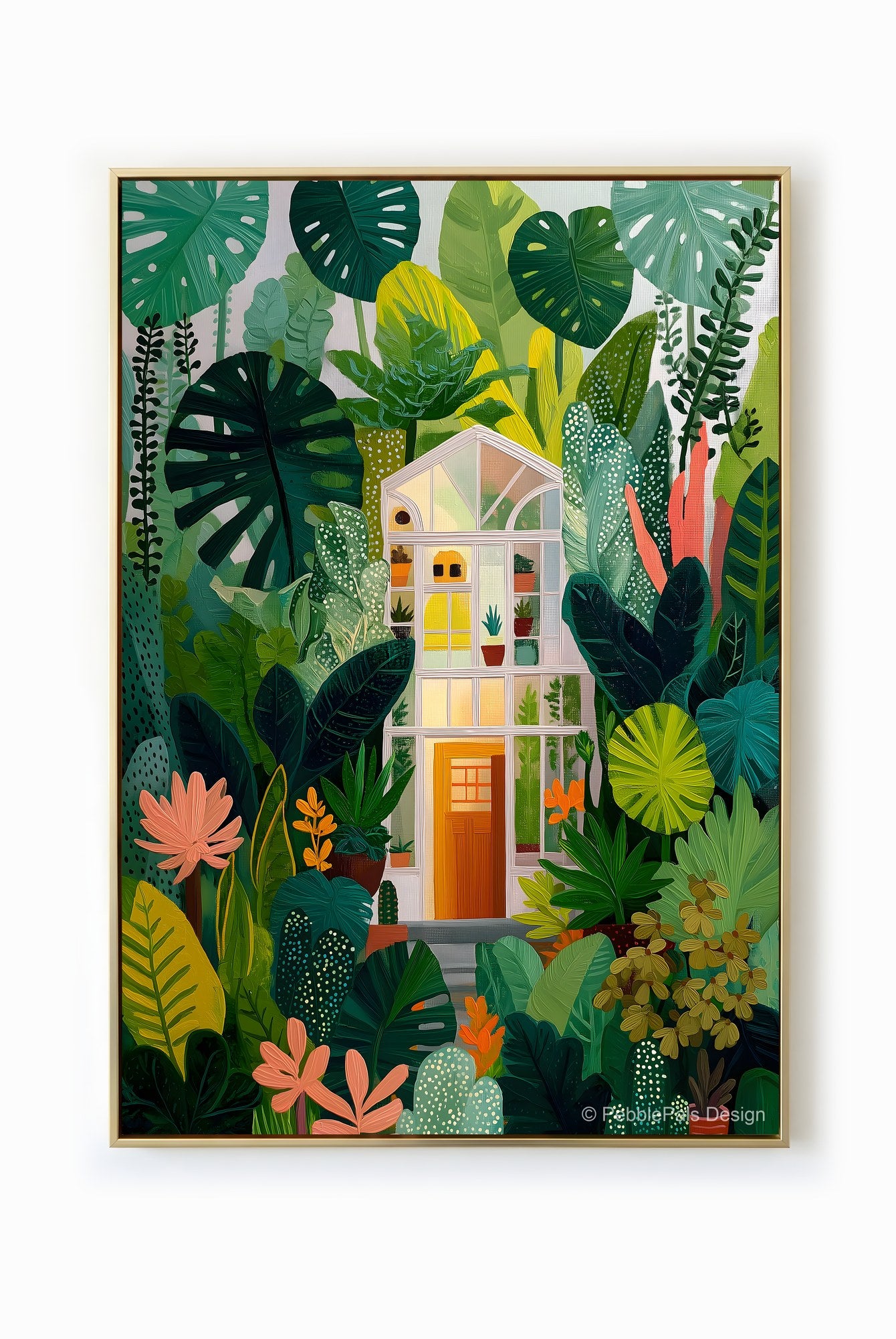 A lush botanical illustration featuring a glass greenhouse enveloped in vibrant green foliage.