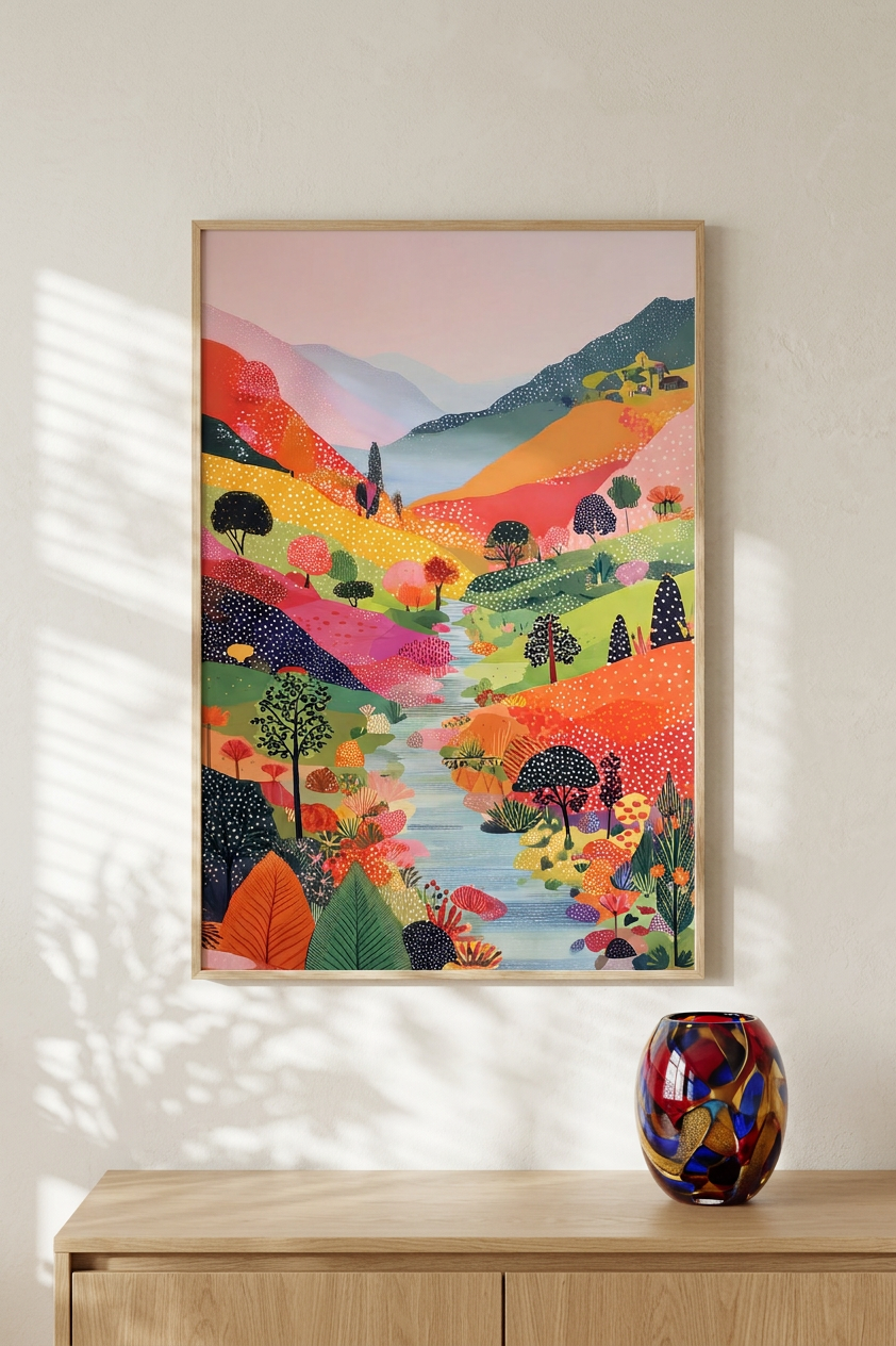 Tangerine Dream & Azure Vibrant Landscape Painting | Naive Style | Sunlit Living Room Decor | Digital Download