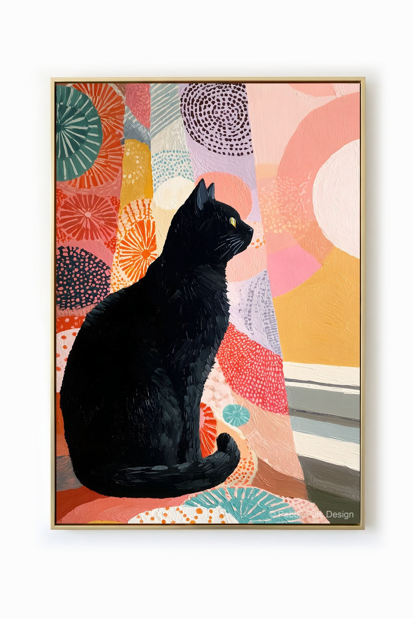 A contemporary painting of a black cat against a colorful, patterned background.