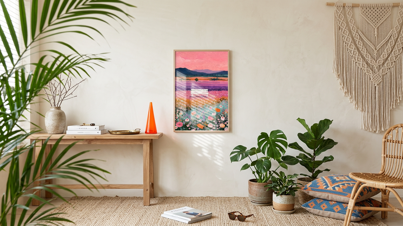 Rose Quartz & Lavender Flower Field Bench Painting | Impressionist Style | Sunroom Retreat Decor | Digital Download