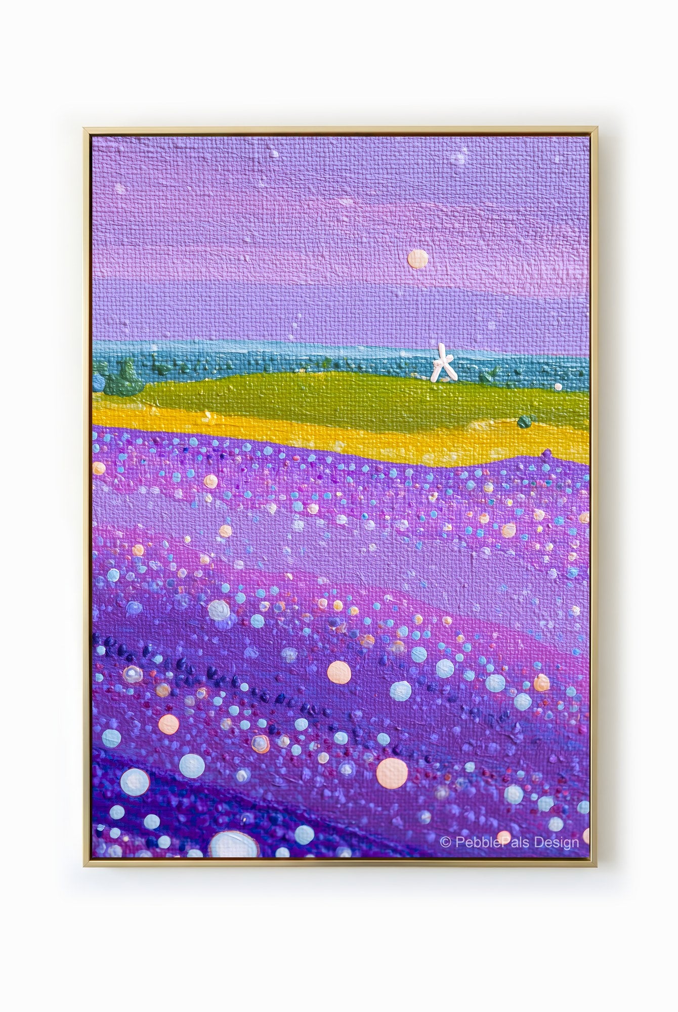 Impressionist painting of a lavender field under a starlit sky with a lone figure in the distance.