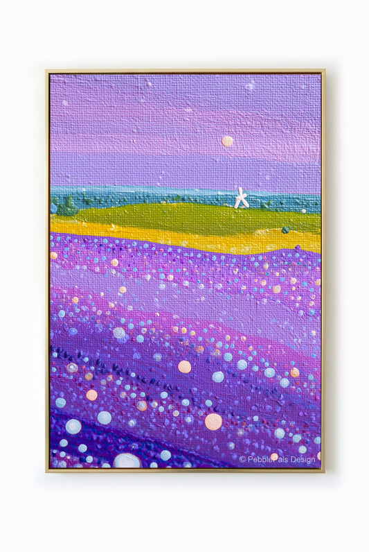 Impressionist painting of a lavender field under a starlit sky with a lone figure in the distance.