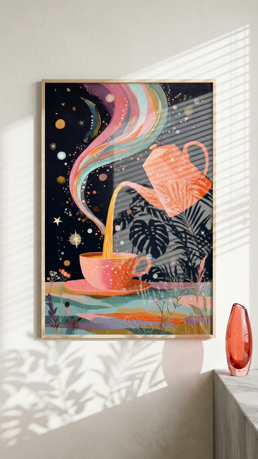 Coral & Amber Cosmic Tea Party Painting | Contemporary Style | Relaxation Space Decor | Digital Download
