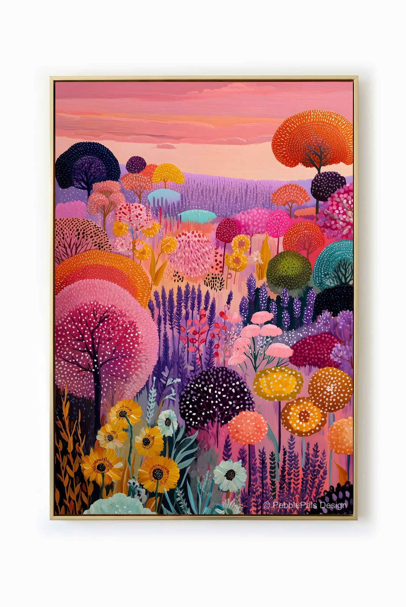 A whimsical and colorful floral meadow painting with pink, orange, and lavender hues.