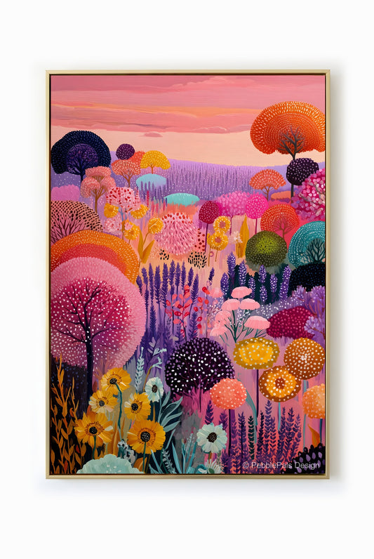 A whimsical and colorful floral meadow painting with pink, orange, and lavender hues.