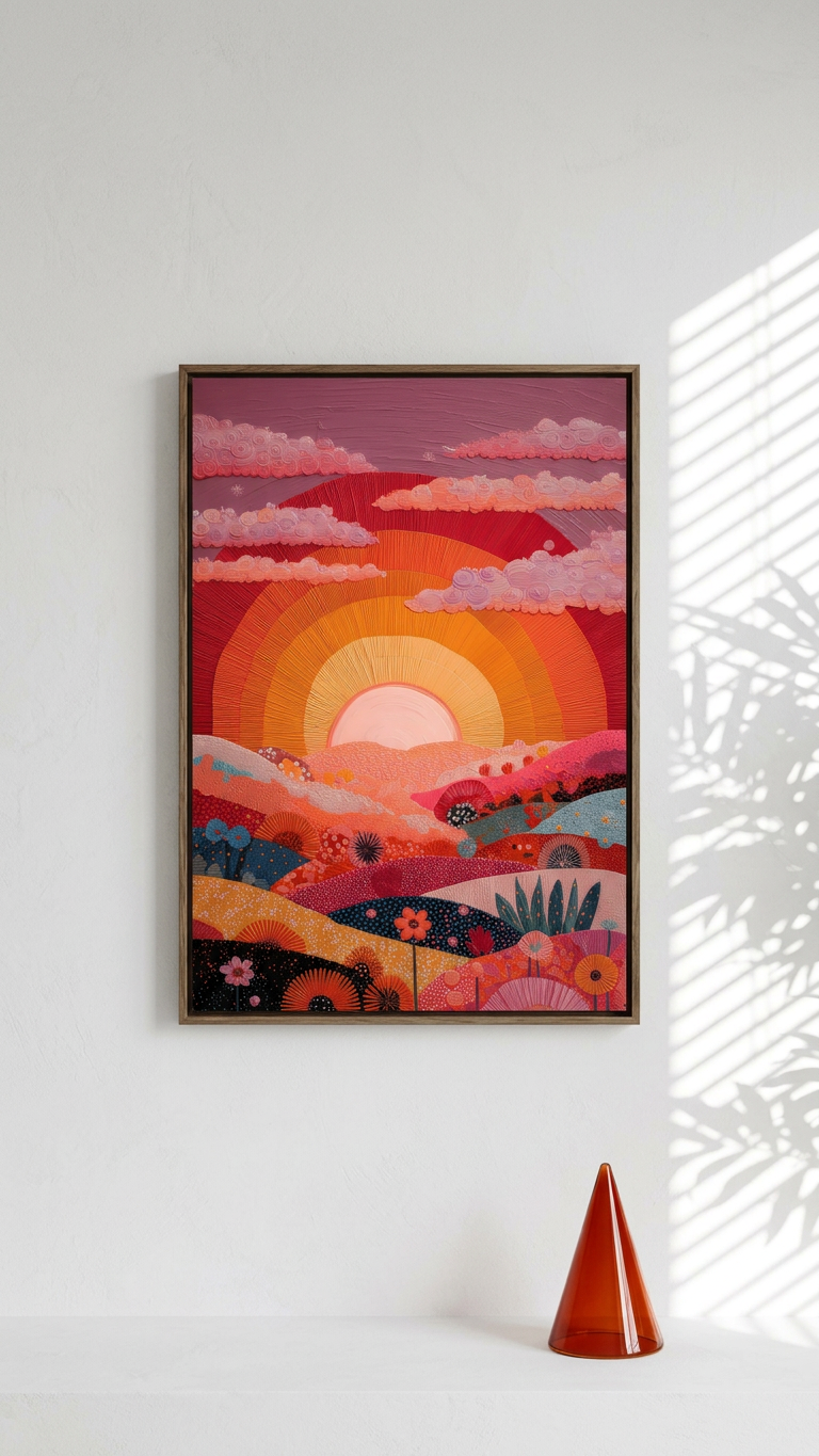Fiery Orange & Rose Vibrant Sunset Vista Painting | Textural Impressionism Style | Sunlit Living Room Decor | Digital Download