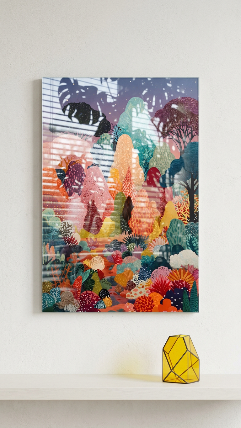 Jewel Tones & Pastel Enchanted Forest Canopy Painting | Folk Style | Living Room Decor | Digital Download