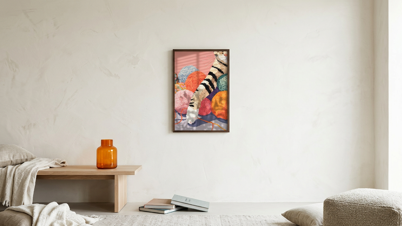 Coral & Indigo Striped Tabby Kitten Painting | Naive Style | Children's Room Decor | Digital Download