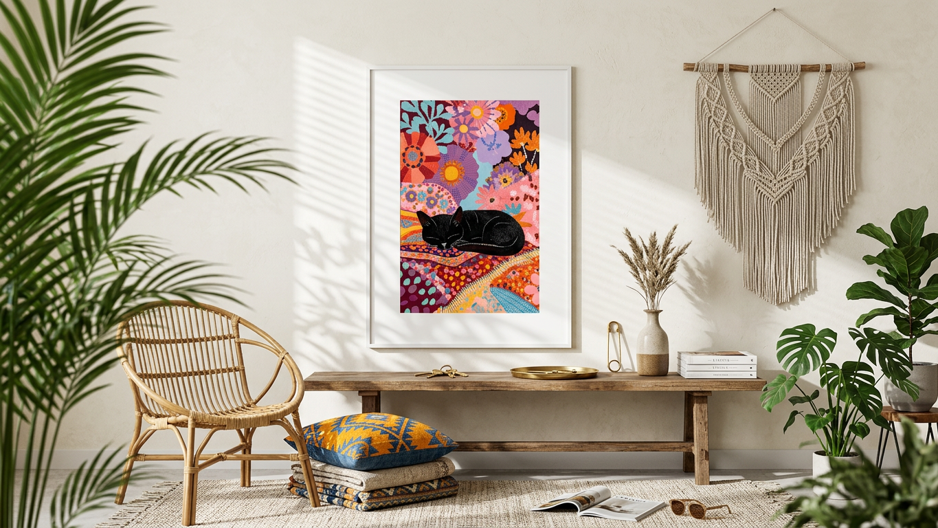 Whimsical & Serene Sleeping Black Cat Art | Jewel Tones & Pastels Tones | Vibrant, Dreamy, Cat Nap | Gift for Cat Lovers | Digital Download