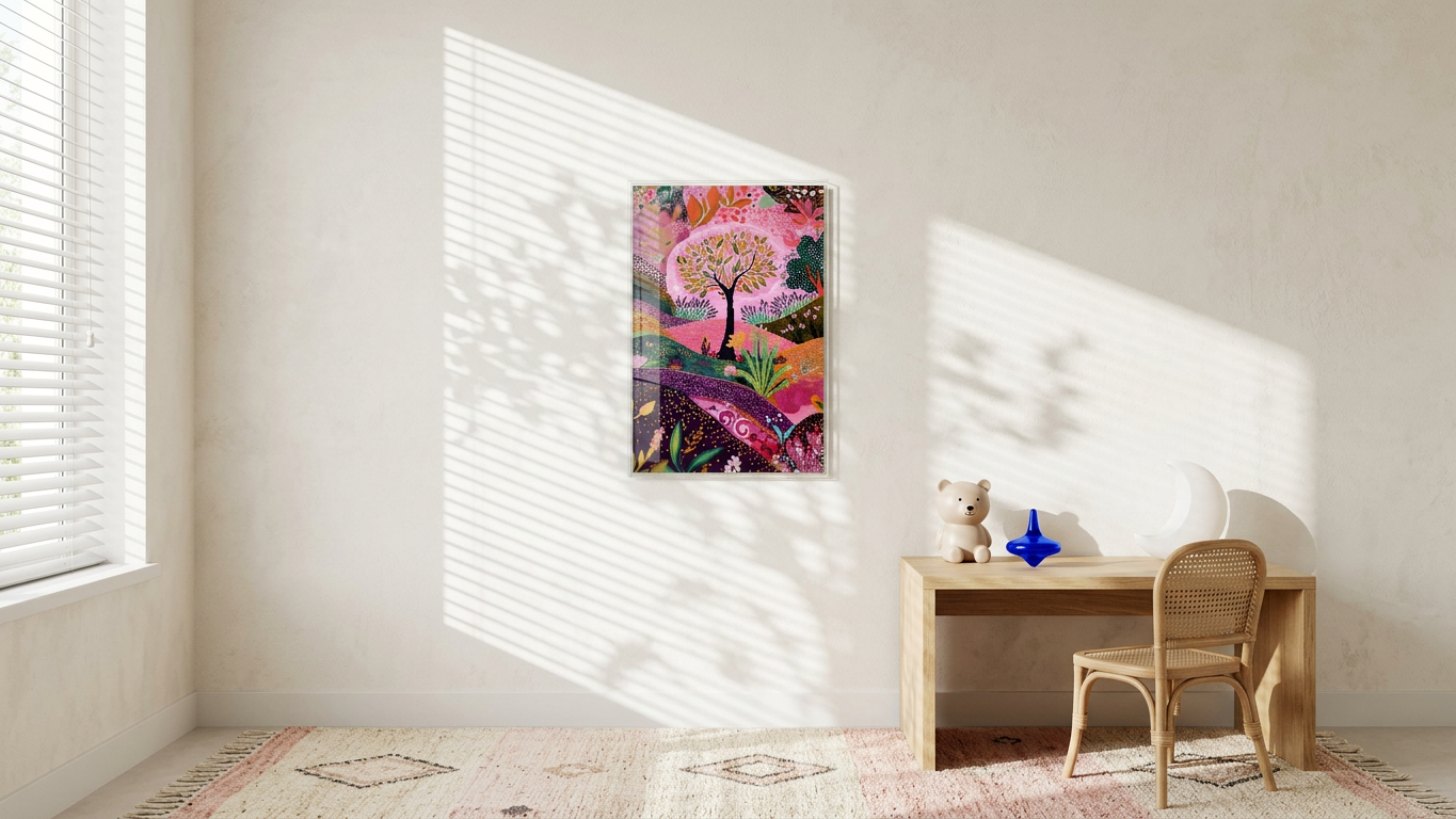 Ethereal & Joyful Whimsical Landscape Art | Pastel Pink & Emerald Tones | Ethereal bloom, joyful tranquility | Gift for Nature Lovers | Digital Download