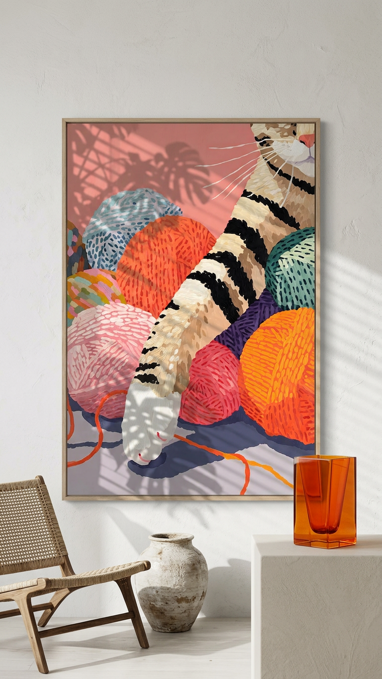 Coral & Teal Tabby Cat & Yarn Balls Painting | Contemporary Style | Children's Room Decor | Digital Download