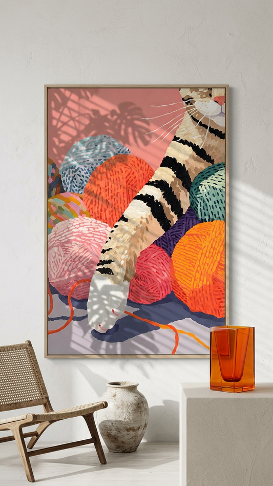 Coral & Teal Tabby Cat & Yarn Balls Painting | Contemporary Style | Children's Room Decor | Digital Download
