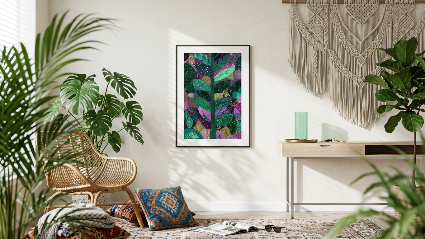 Emerald & Lilac Botanical Canopy Painting | Nature-Inspired Style | Sunroom Decor | Digital Download