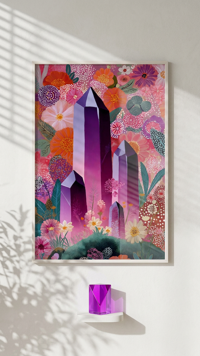 Ethereal & Radiant Amethyst Crystals Art | Amethyst & Floral Burst Tones | Healing crystal garden | Digital Download,