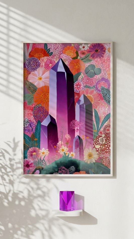 Ethereal & Radiant Amethyst Crystals Art | Amethyst & Floral Burst Tones | Healing crystal garden | Digital Download,