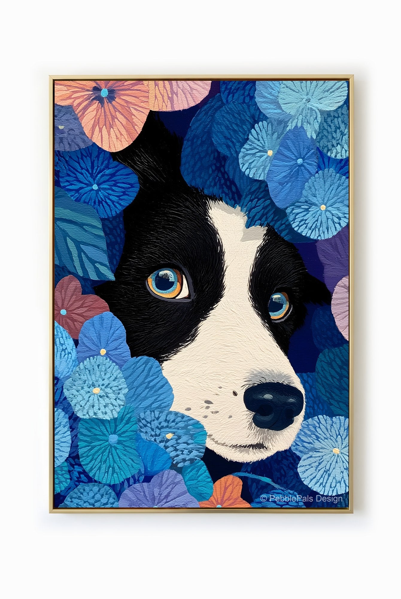 A folk style painting of a Border Collie puppy peering through blue and peach colored flowers.