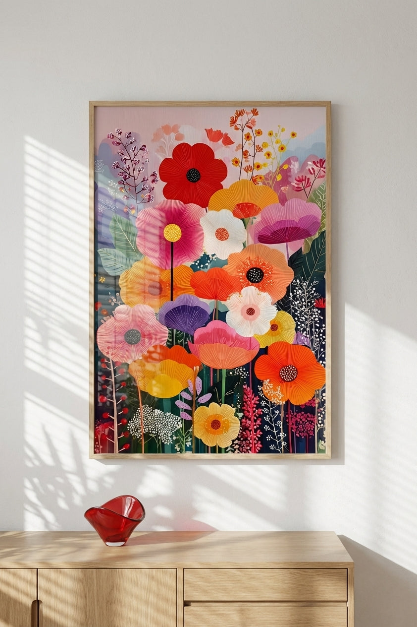 Crimson & Amber Floral Bouquet Painting | Naive Style | Sunlit Living Room Decor | Digital Download