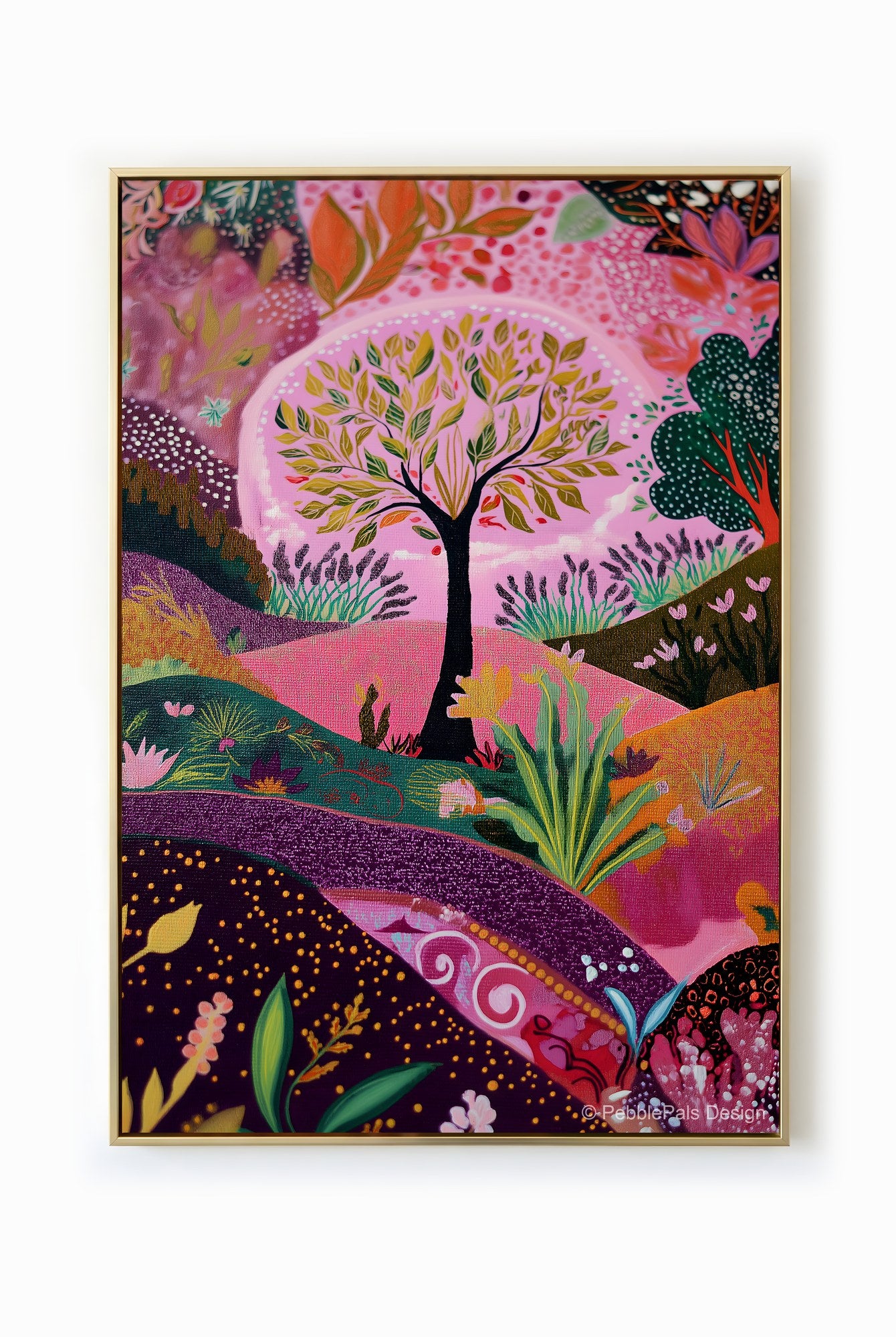 Whimsical folk art landscape with pastel pinks, deep greens, and blooming botanical elements.