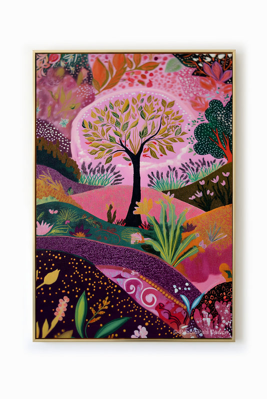 Whimsical folk art landscape with pastel pinks, deep greens, and blooming botanical elements.