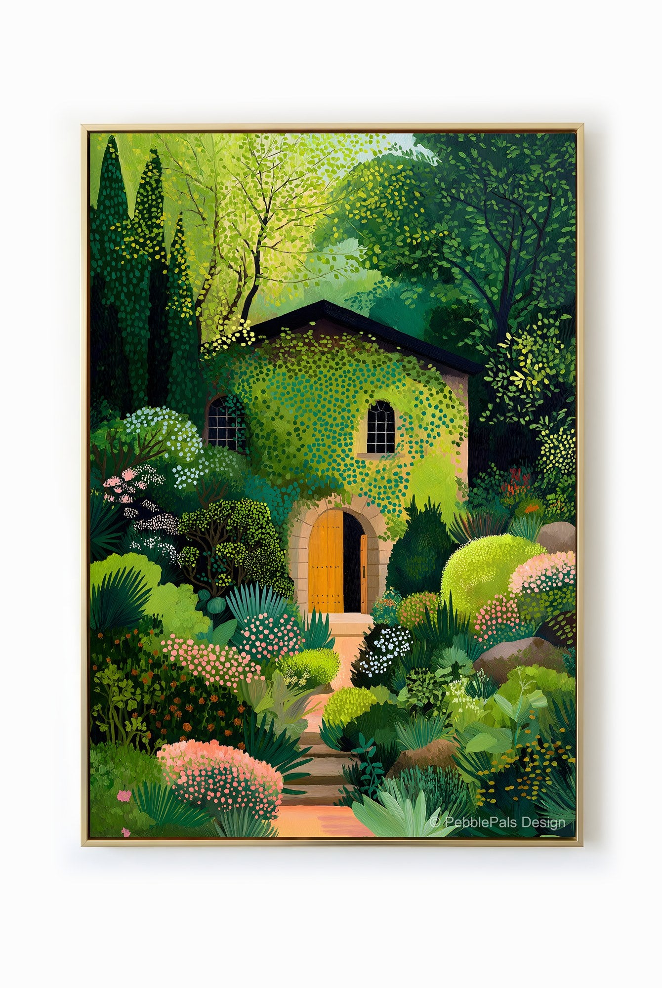 Impressionist painting of a cottage enveloped in a lush green garden, with an open door and sunlight dappling through the leaves.