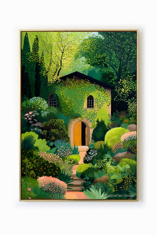 Impressionist painting of a cottage enveloped in a lush green garden, with an open door and sunlight dappling through the leaves.