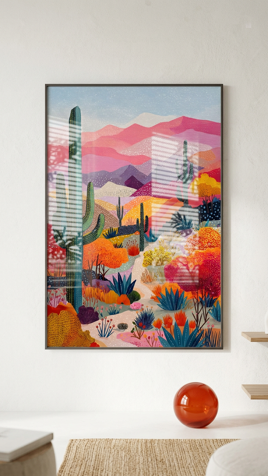 Rose & Teal Desert Landscape Painting | Naive Style | Living Room Decor | Digital Download
