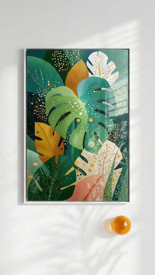 Ethereal & Lush Tropical Leaves Art | Emerald & Gold Tones | Lush, calming, tropical escape | Gift for Nature Lovers | Digital Download