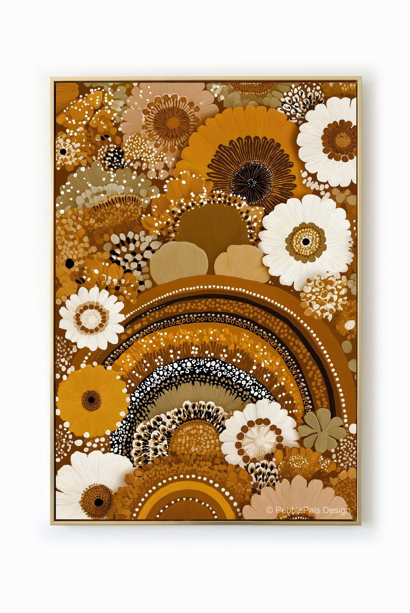 A contemporary aboriginal-inspired floral painting in earthy golden tones with white accents, radiating warmth and harmony.