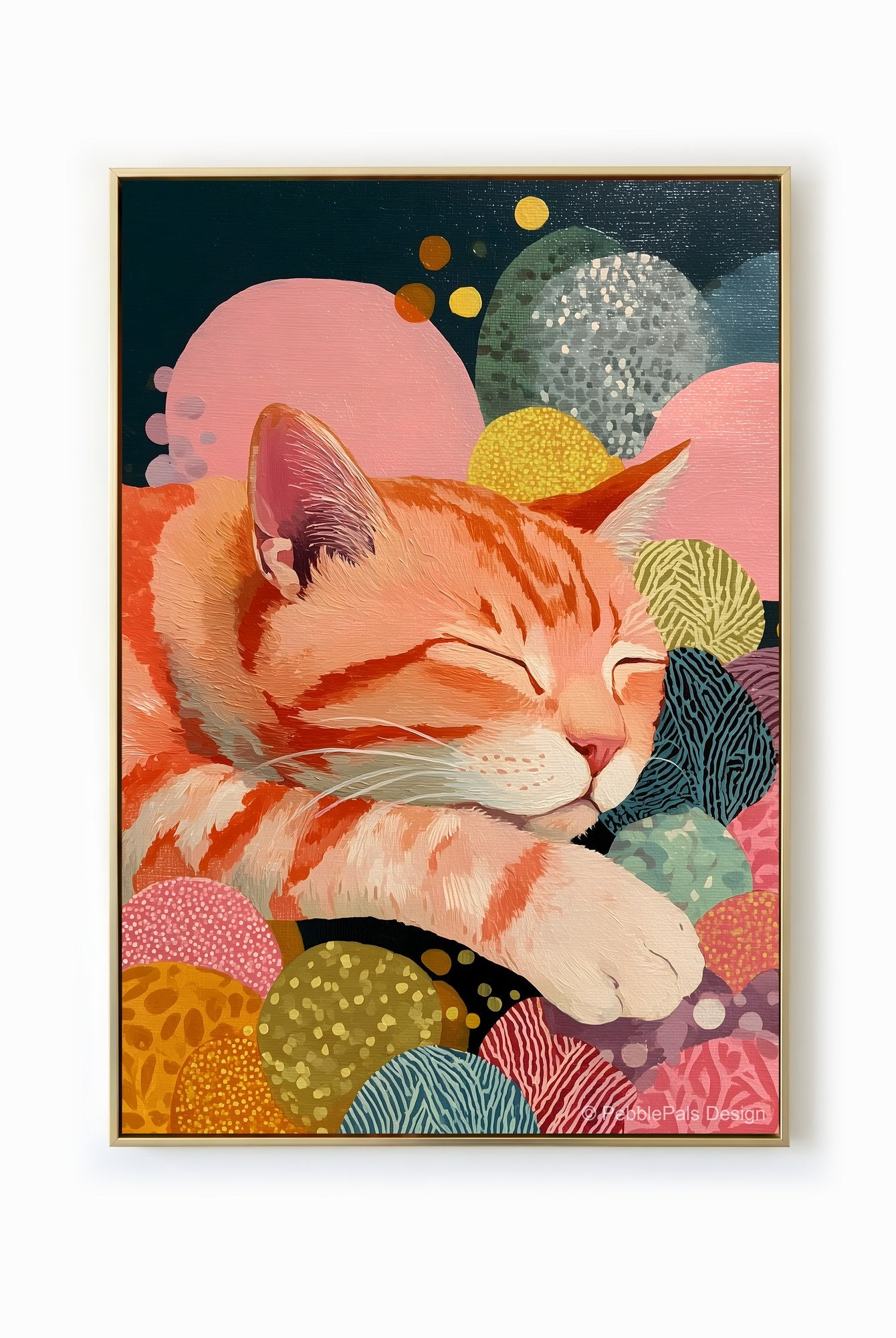 A whimsical painting of a sleeping ginger cat nestled amongst colorful spheres, radiating serenity and warmth.