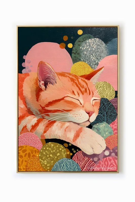 A whimsical painting of a sleeping ginger cat nestled amongst colorful spheres, radiating serenity and warmth.