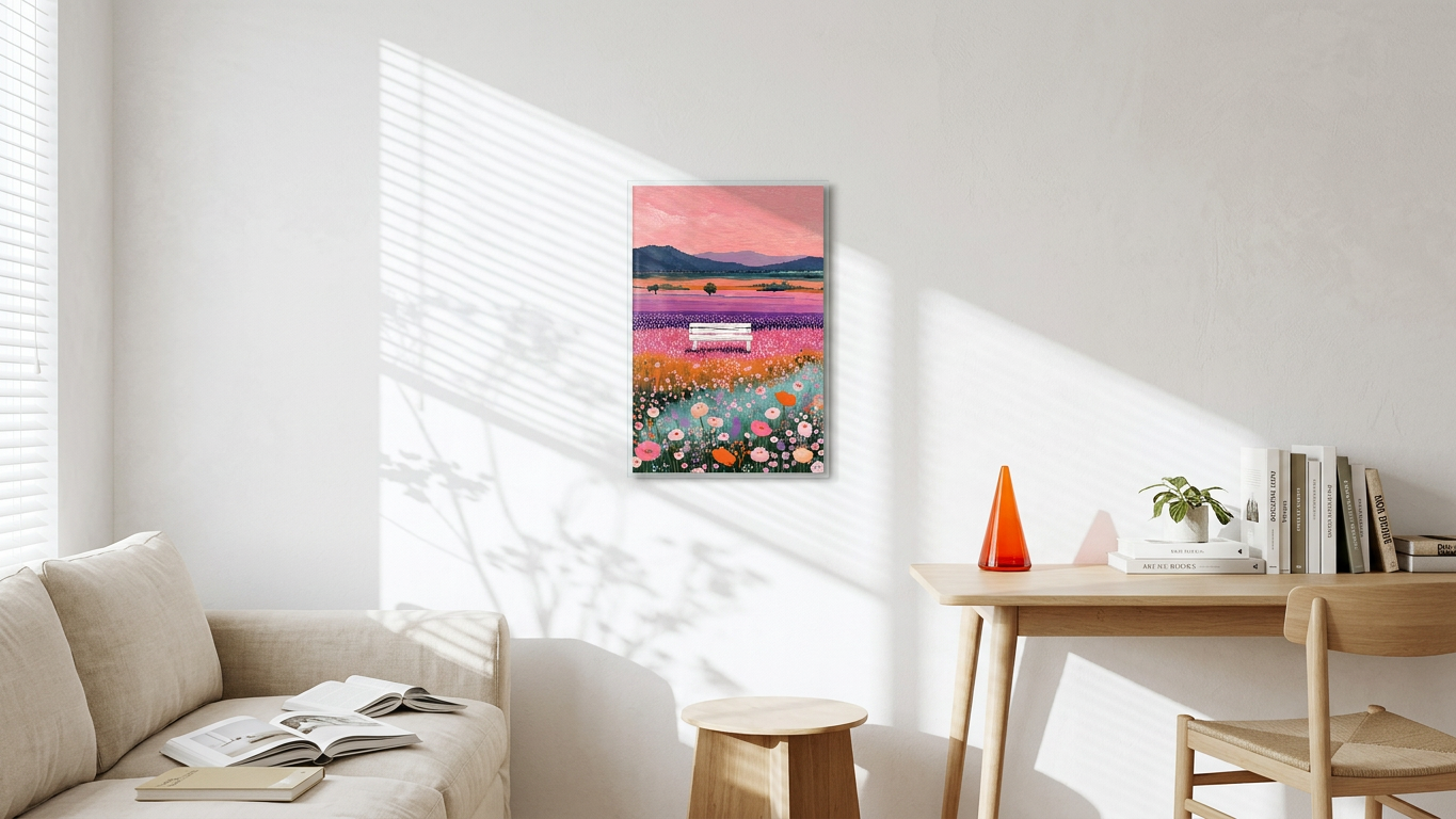 Rose Quartz & Lavender Flower Field Bench Painting | Impressionist Style | Sunroom Retreat Decor | Digital Download