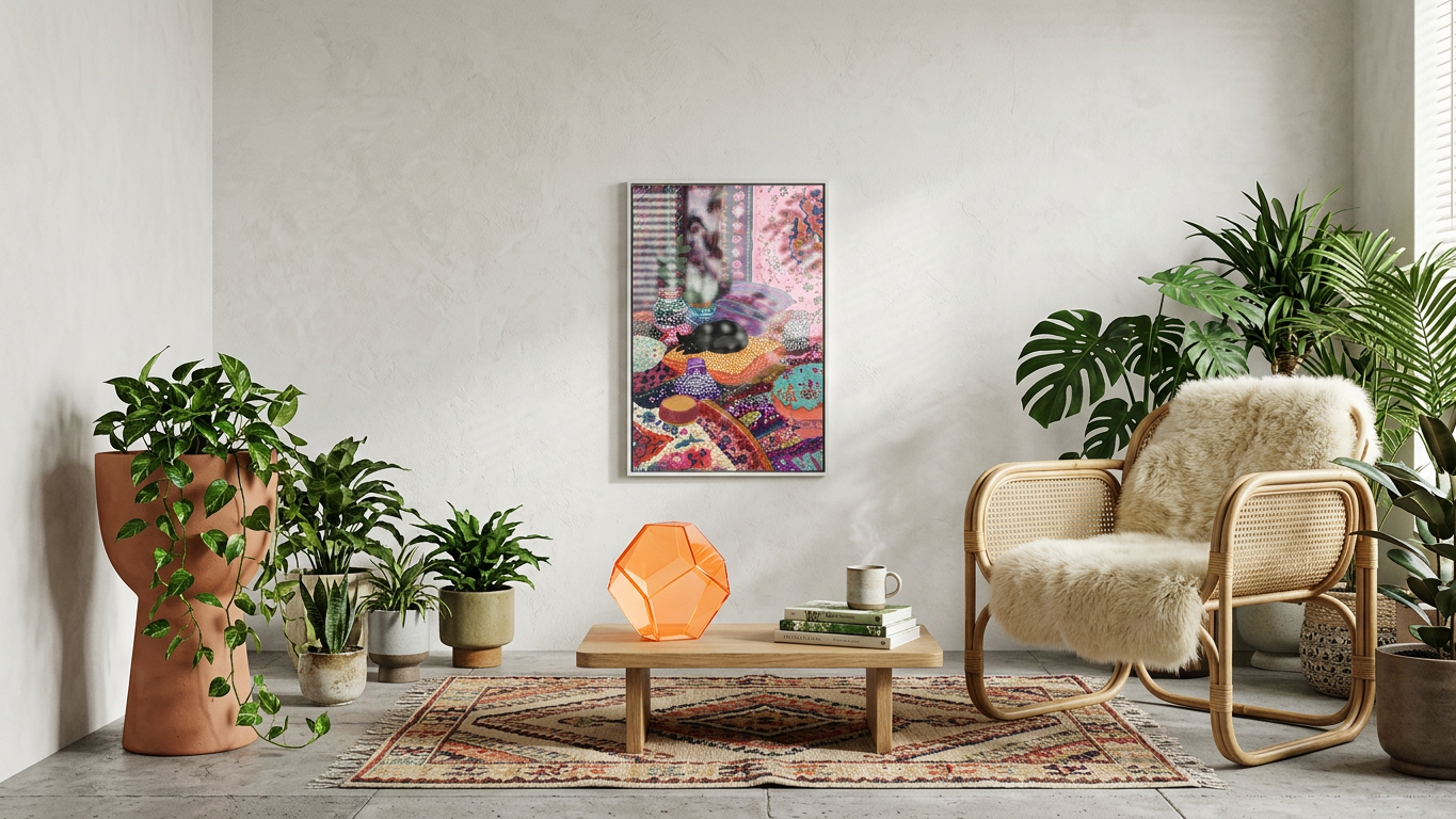 Indigo & Fuchsia Sleeping Black Cat Painting | Bohemian Style | Bohemian Living Room Decor | Digital Download