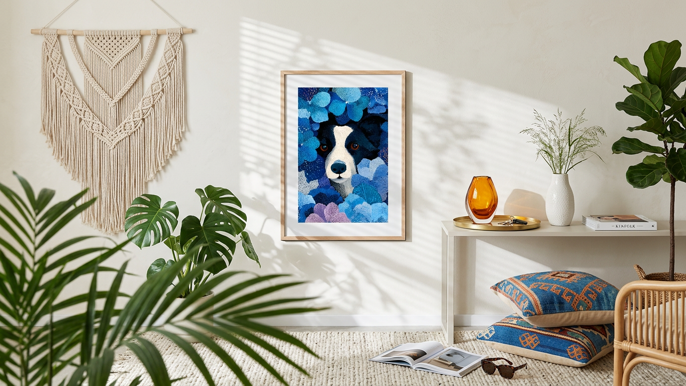 Cobalt & Lavender Border Collie in Blooms Painting | Illustrative Style | Serene Bedroom Decor | Digital Download