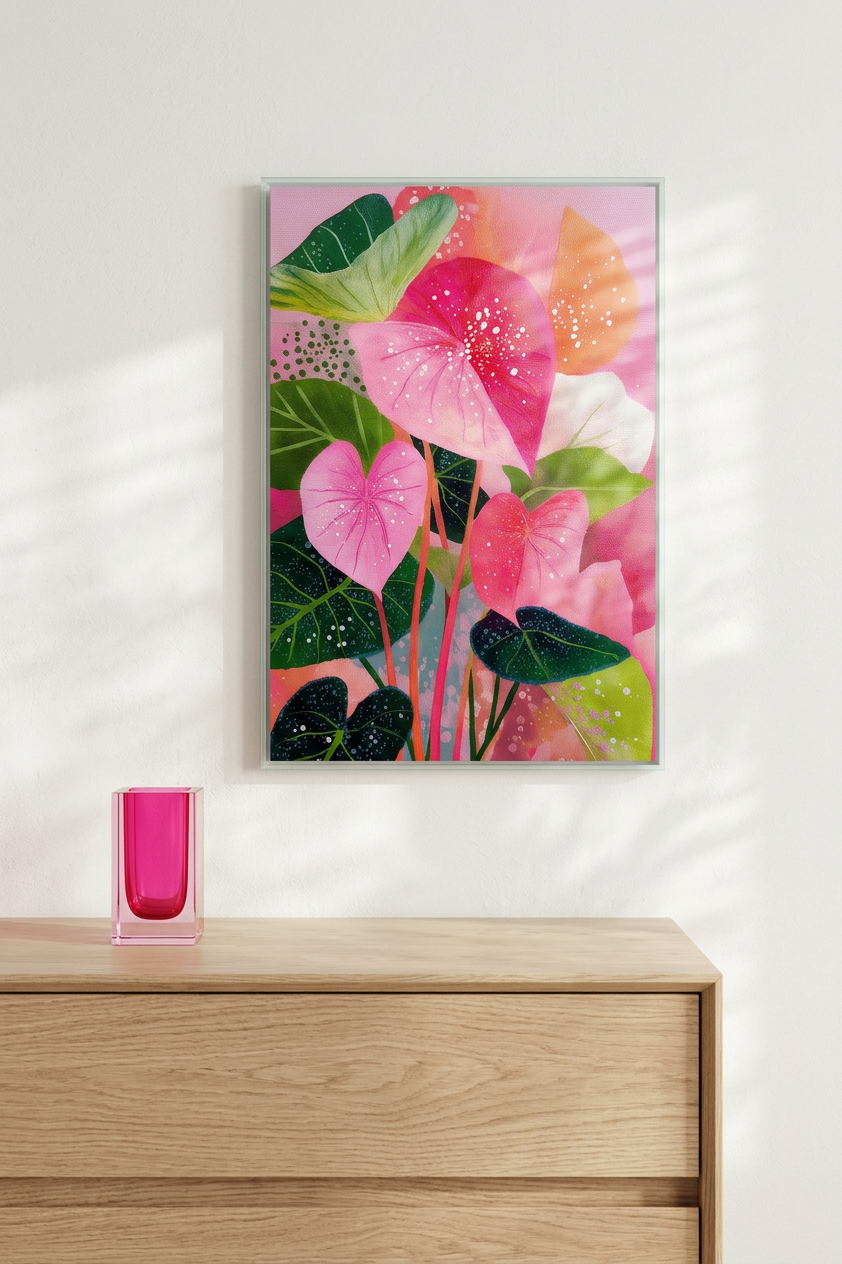 Fuchsia & Jade Pink Caladium Leaves Painting | Botanical Style | Sunlit Conservatory Decor | Digital Download