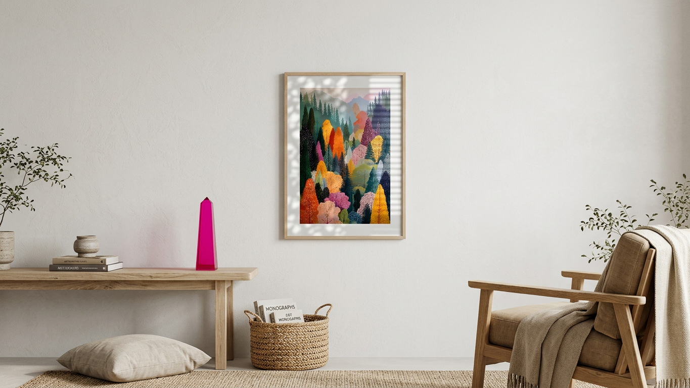 Emerald & Sunset Orange Colorful Forest Canopy Painting | Naive Style | Living Room Decor | Digital Download