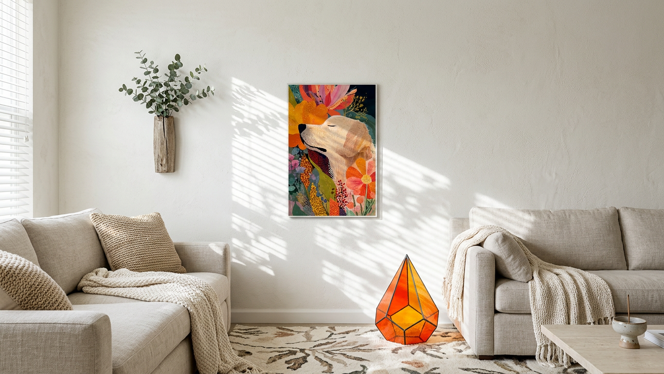 Tangerine & Apricot Golden Retriever Painting | Whimsical Style | Sunlit Living Room Decor | Digital Download