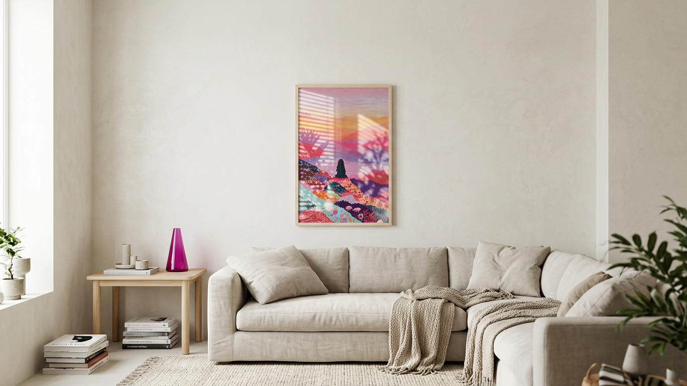 Sunset Hues & Floral Silhouette on Floral Hills Painting | Folk Style | Meditation Space Decor | Digital Download