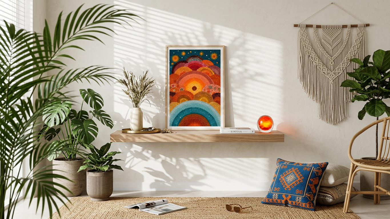Burnt Orange & Teal Abstract Sunscape Painting | Naive Style | Meditation Space Decor | Digital Download
