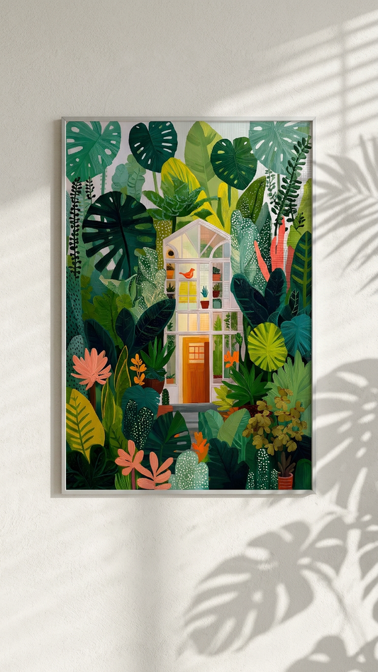 Lush & Serene Glass Greenhouse Art | Emerald & Amber Tones | Botanical serenity captured | Gift for Nature Lovers | Digital Download