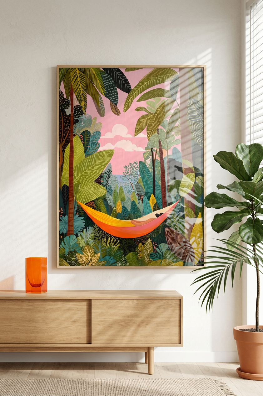 Ethereal & Serene Hammock in Jungle Art | Goldenrod & Emerald Tones | Jungle escape, peaceful dream | Gift for Relaxation Seekers | Digital Download