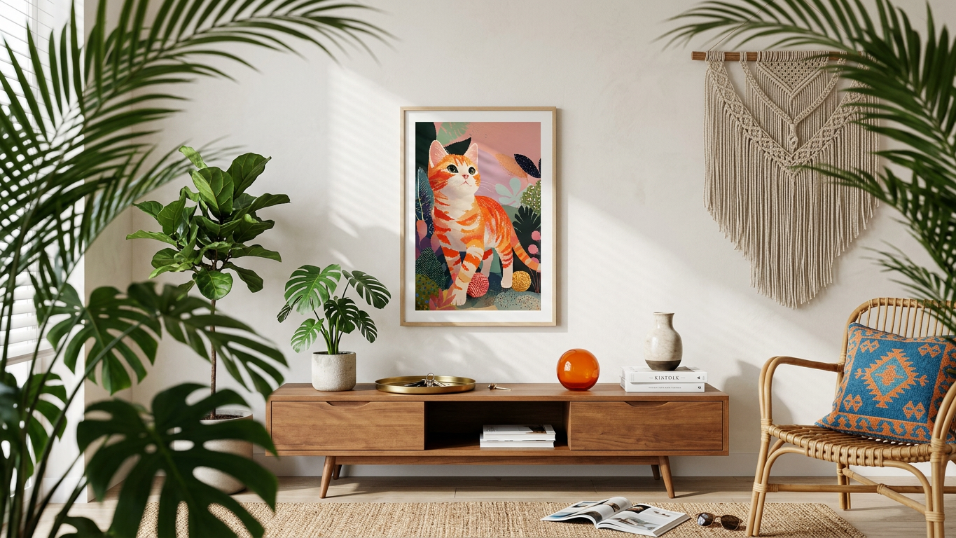 Tangerine & Emerald Ginger Tabby Cat Painting | Naive Style | Whimsical Home Decor | Digital Download