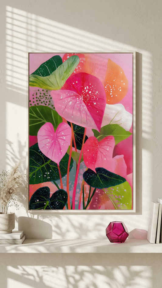 Fuchsia & Jade Pink Caladium Leaves Painting | Botanical Style | Sunlit Conservatory Decor | Digital Download