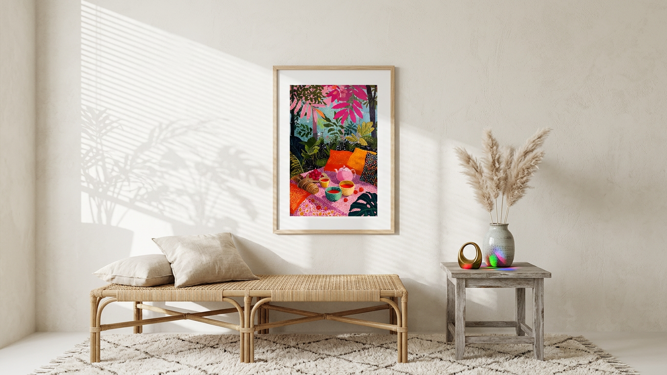 Fuchsia & Emerald Picnic Still Life Painting | Contemporary Style | Sunlit Kitchen Decor | Digital Download