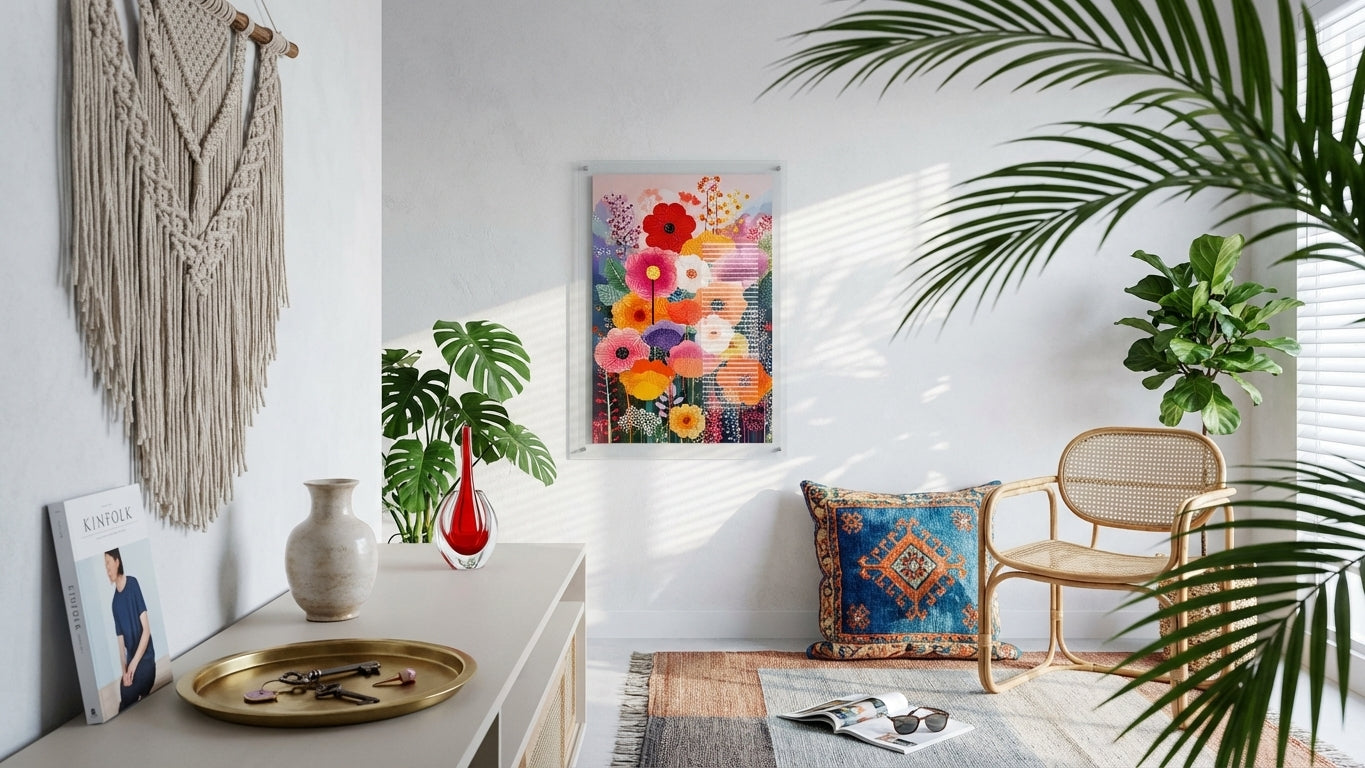 Crimson & Amber Floral Bouquet Painting | Naive Style | Sunlit Living Room Decor | Digital Download