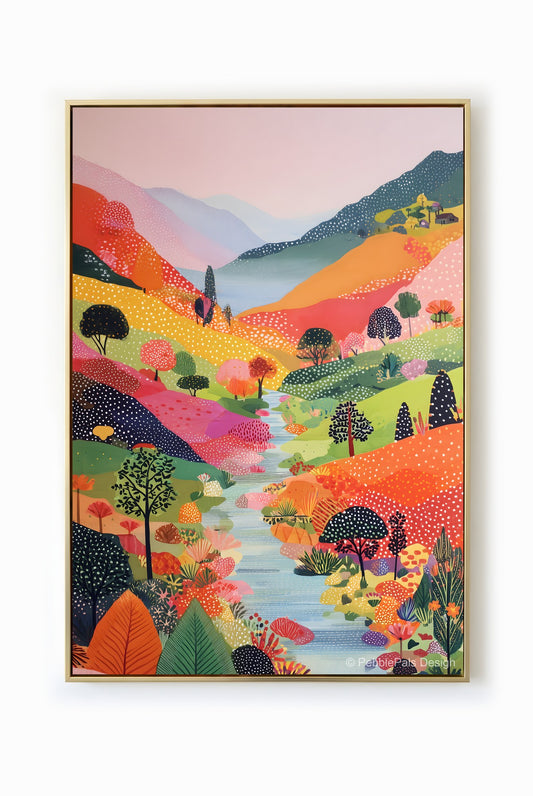 A colorful naive-style landscape painting featuring rolling hills and a river, in a palette of oranges, greens, and blues.