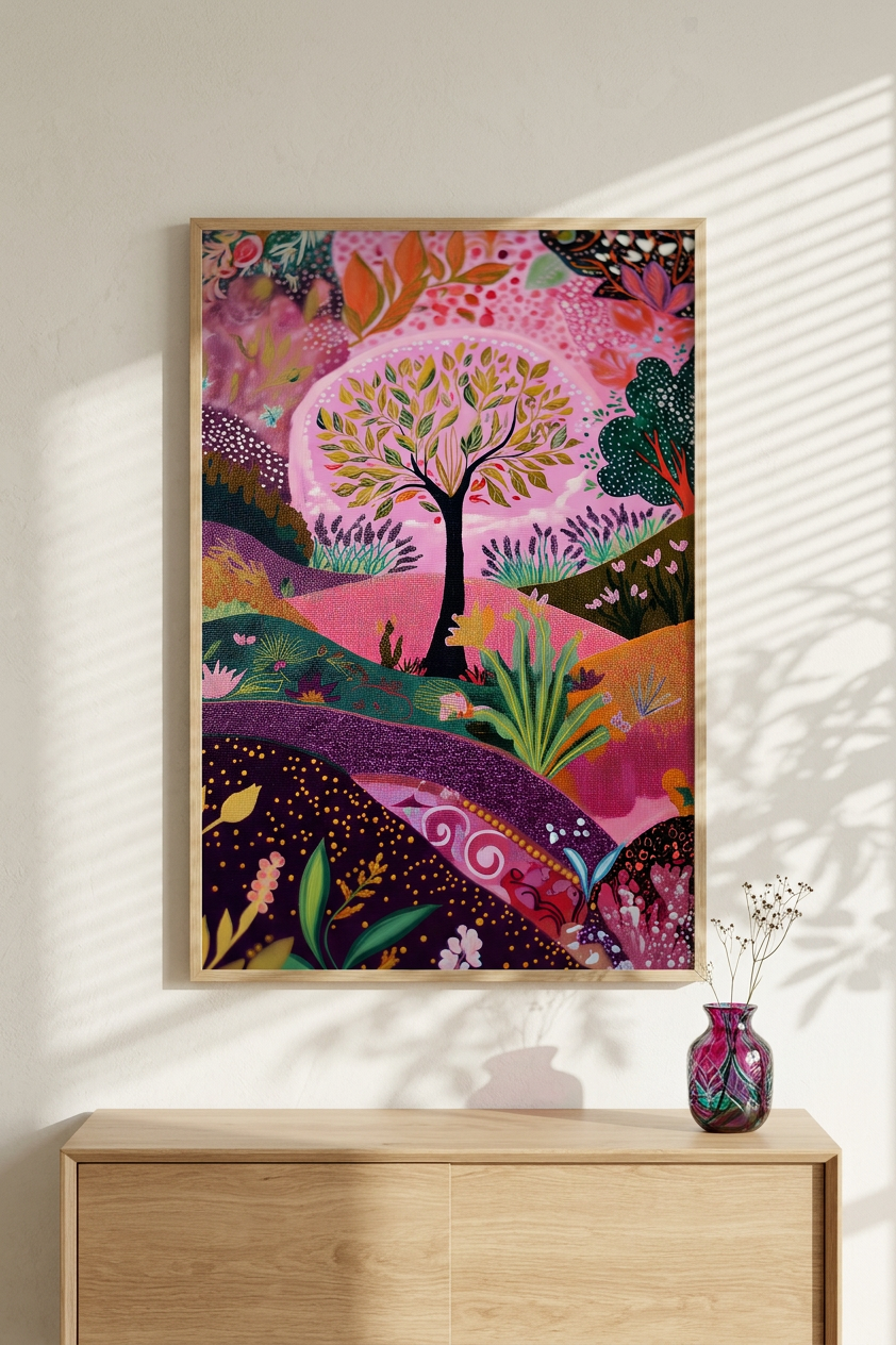 Ethereal & Joyful Whimsical Landscape Art | Pastel Pink & Emerald Tones | Ethereal bloom, joyful tranquility | Gift for Nature Lovers | Digital Download
