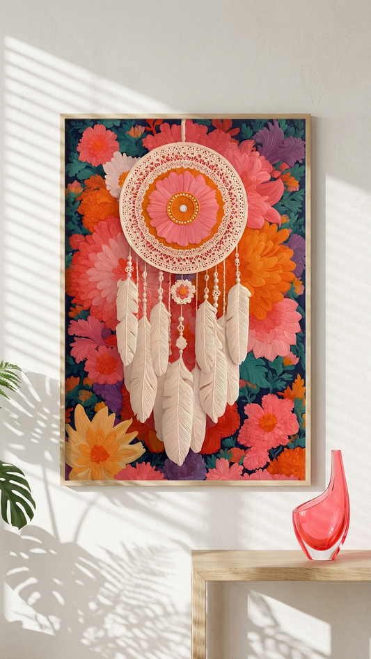 Ethereal & Calming Floral Dreamcatcher Art | Peach & Coral Tones | Dreamy bohemian wall decor | Digital Download