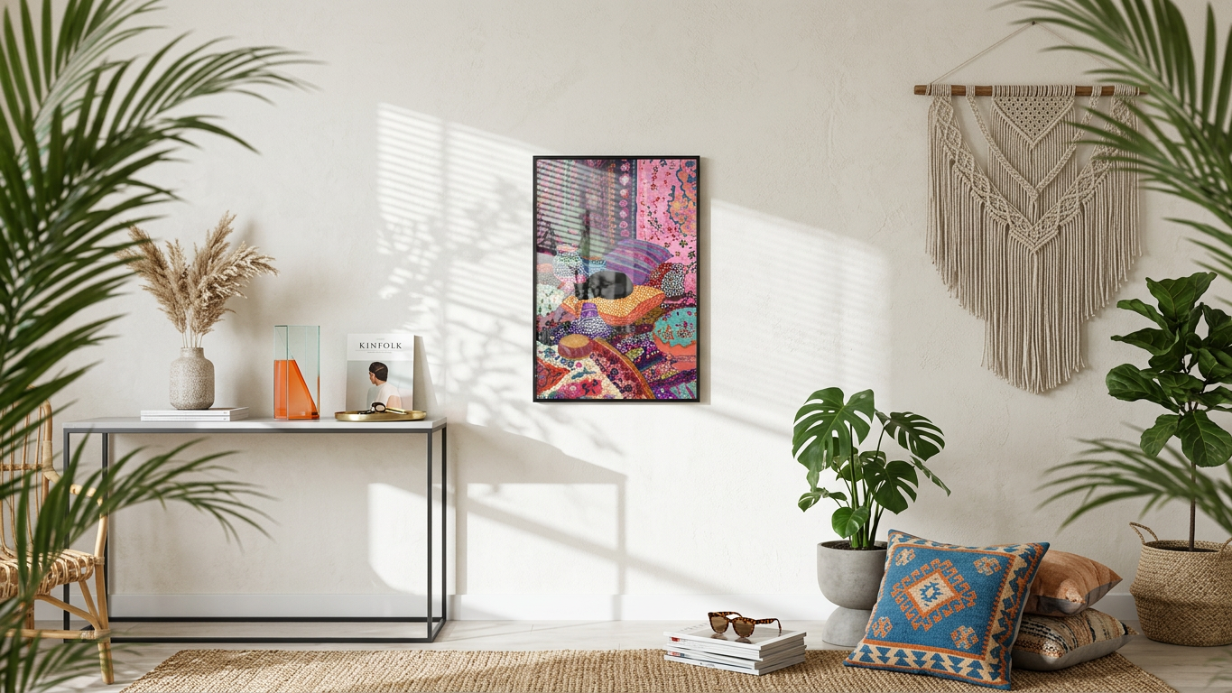 Indigo & Fuchsia Sleeping Black Cat Painting | Bohemian Style | Bohemian Living Room Decor | Digital Download