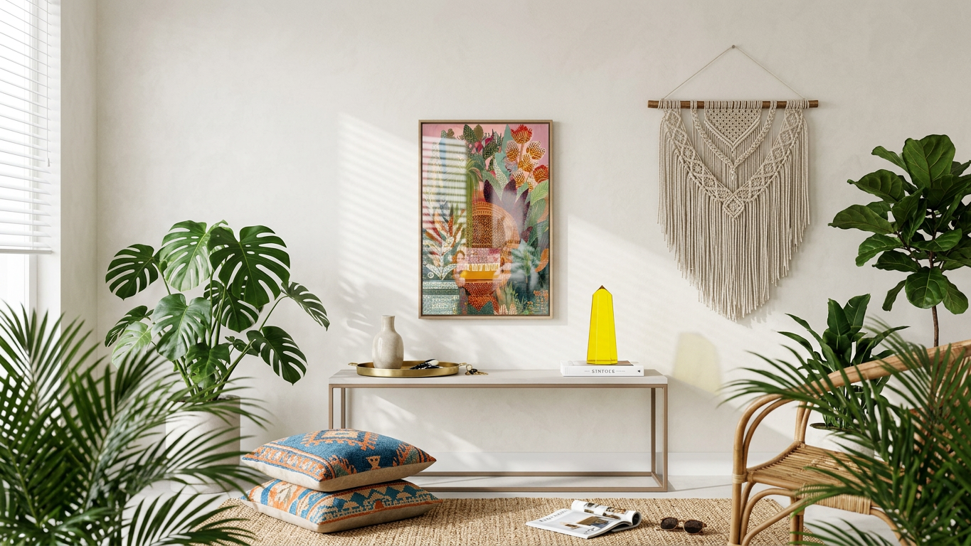 Ethereal & Lush Wicker Chair Surrounded by Foliage Art | Earthy Greens & Rose Tones | Ethereal jungle tranquility | Gift for Nature Lovers | Digital Download