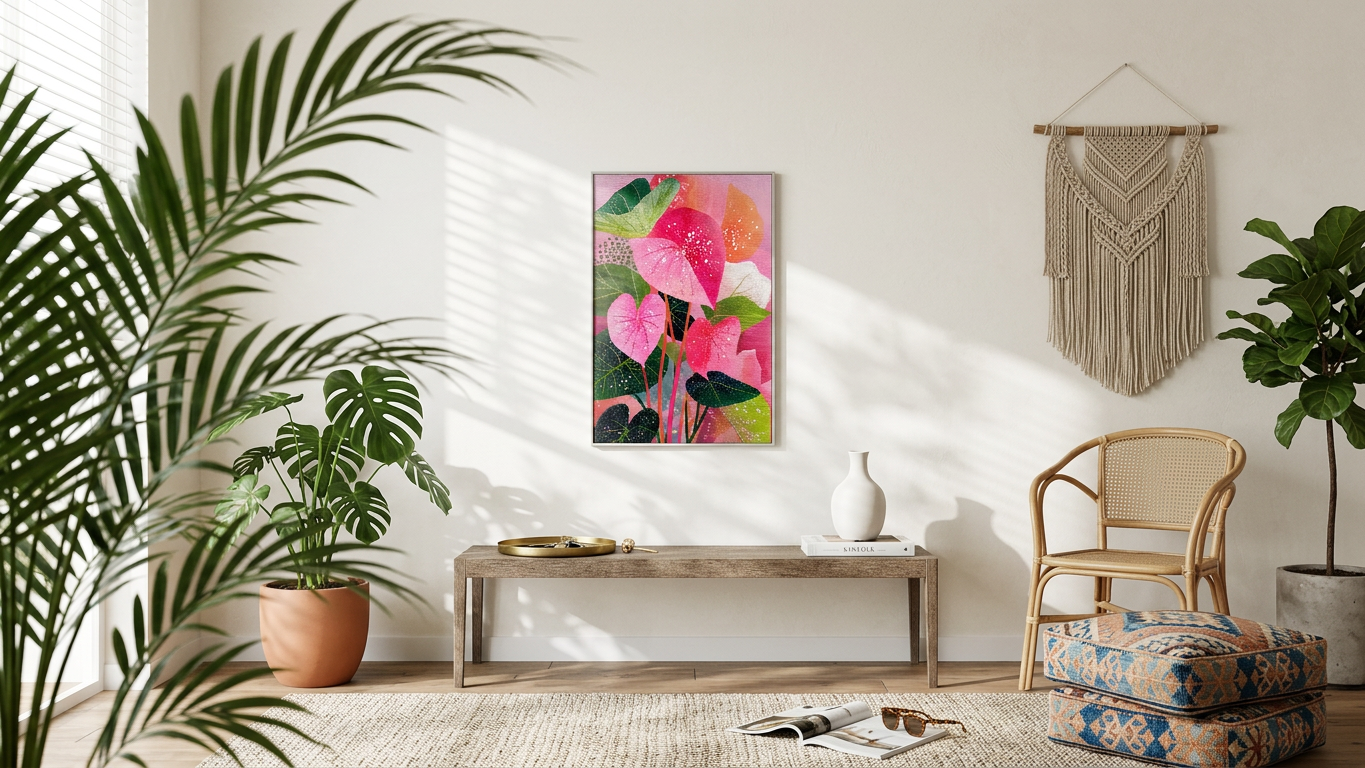 Fuchsia & Jade Pink Caladium Leaves Painting | Botanical Style | Sunlit Conservatory Decor | Digital Download